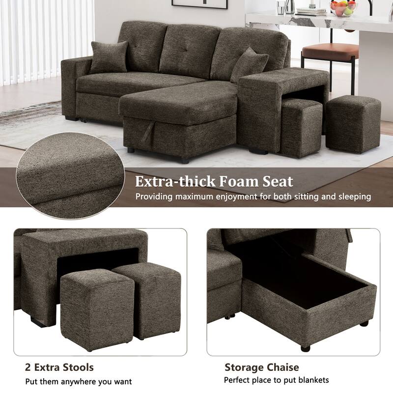 Brown 95'' Reversible L-Shaped 3-Seater Sleeper Sofa with Storage Chaise, Pull-Out Bed, Side Shelf, and 2 Stools Included