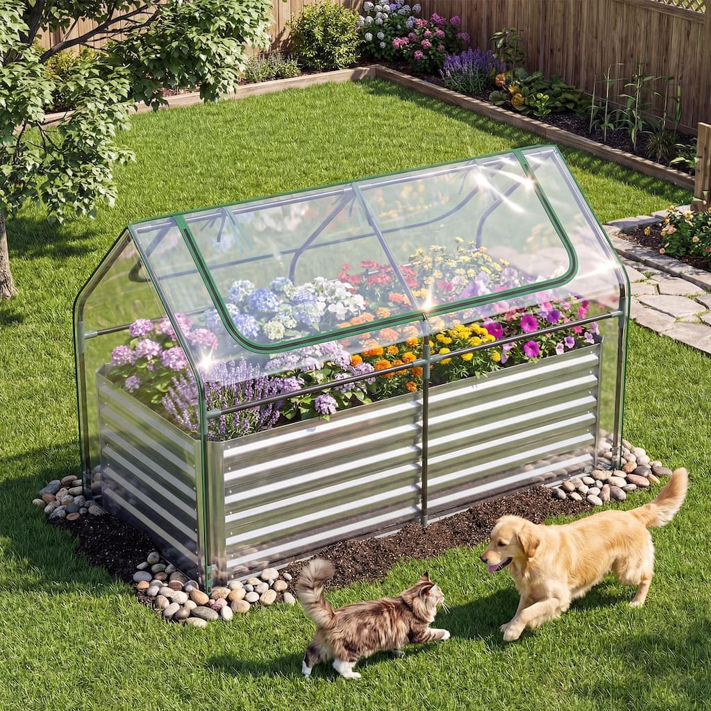 Gymax Raised Garden Bed w/ Cover 68'' x 33'' x 21'' Planter Box w/