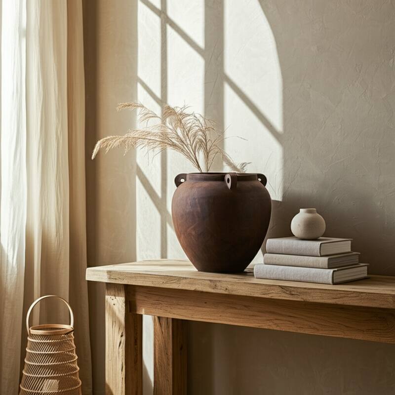Pottery Terracotta Vase Handmade Handles Rustic Amphora Accent Vessel - 14" x 14" x 12.5"