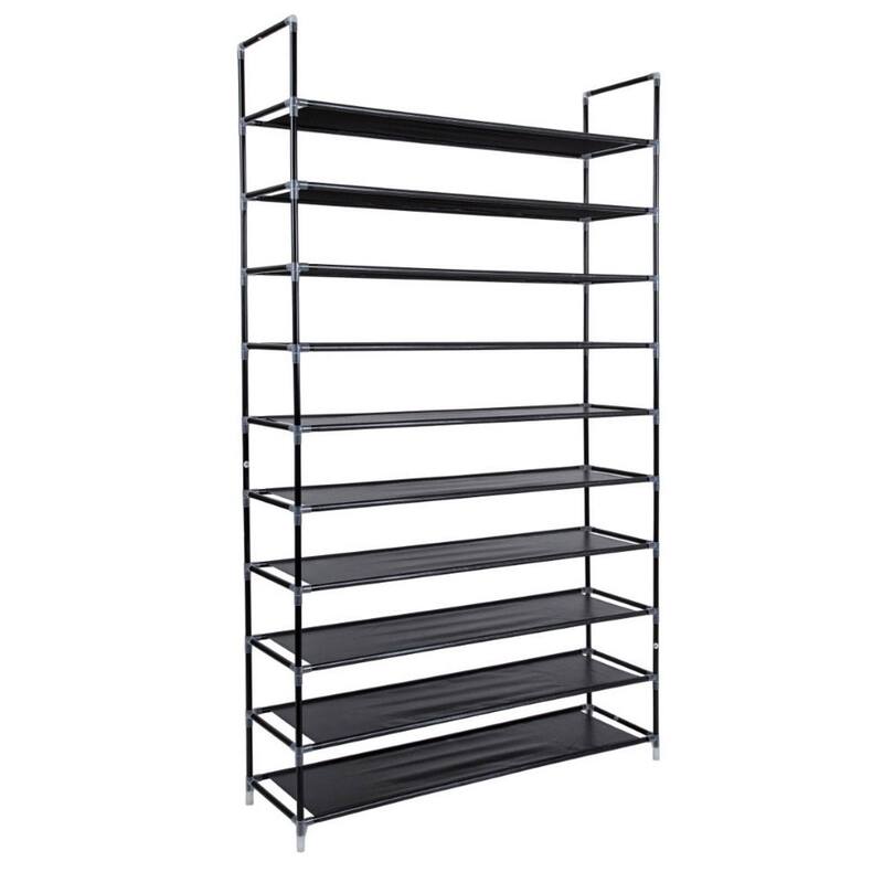 10 Tiers Simple Assembly Non-woven Fabric Shoe Rack with Handle Black - Black