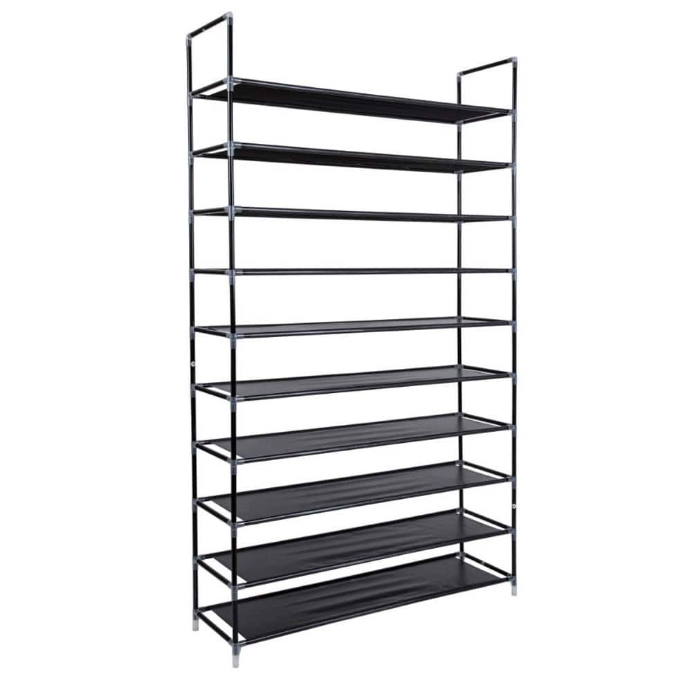 10 Tiers Simple Assembly Non-woven Fabric Shoe Rack with Handle Black