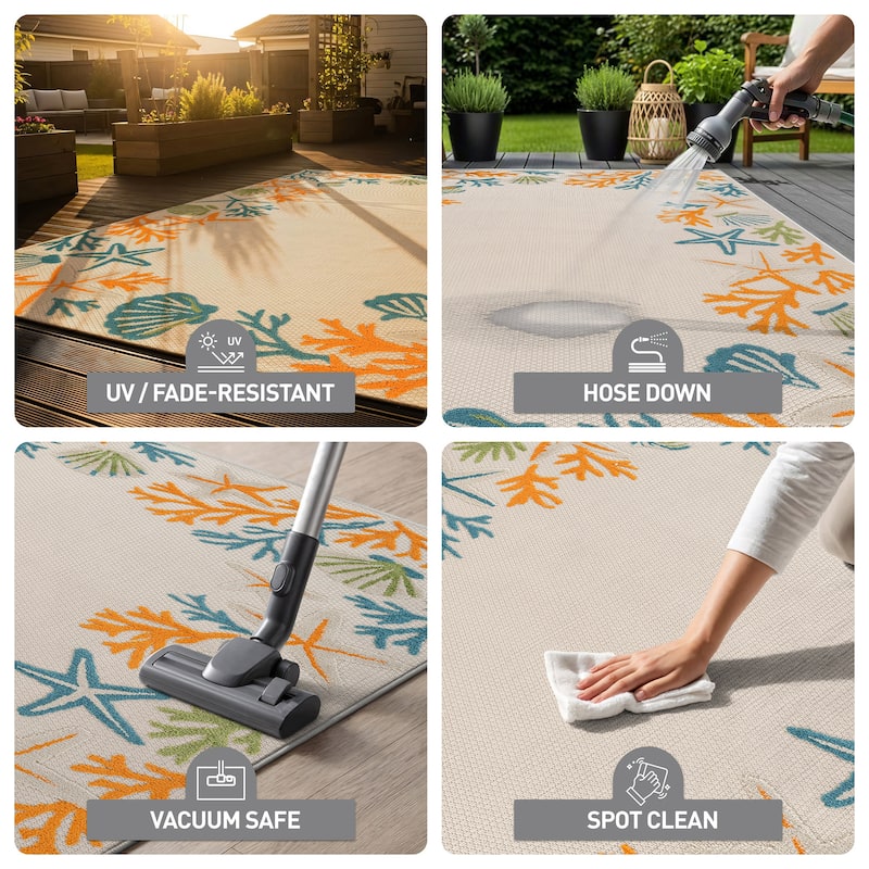 World Rug Gallery Indoor/Outdoor High-Low Textured Area Rug, Coastal Border Easy-Clean Patio Rug