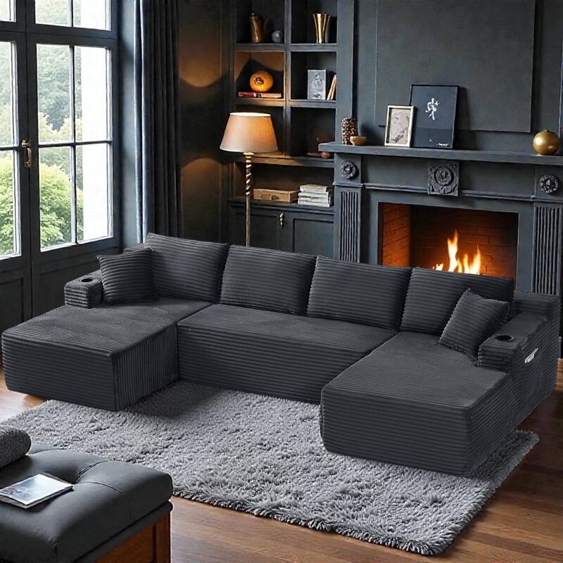 Compressible U-Shaped Modular Sectional Sofa, Corduroy Cloud Couch, 6-Seat Minimalist Living Room Sofa