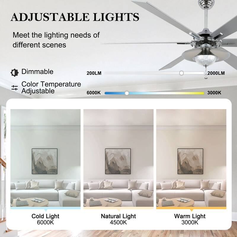 CurveCurio 72" Antique Lagre Ceiling Fan, Wood Blades and LED Lights Kit w Crystal Shade, Quiet DC Motor 6 Speed w Remote