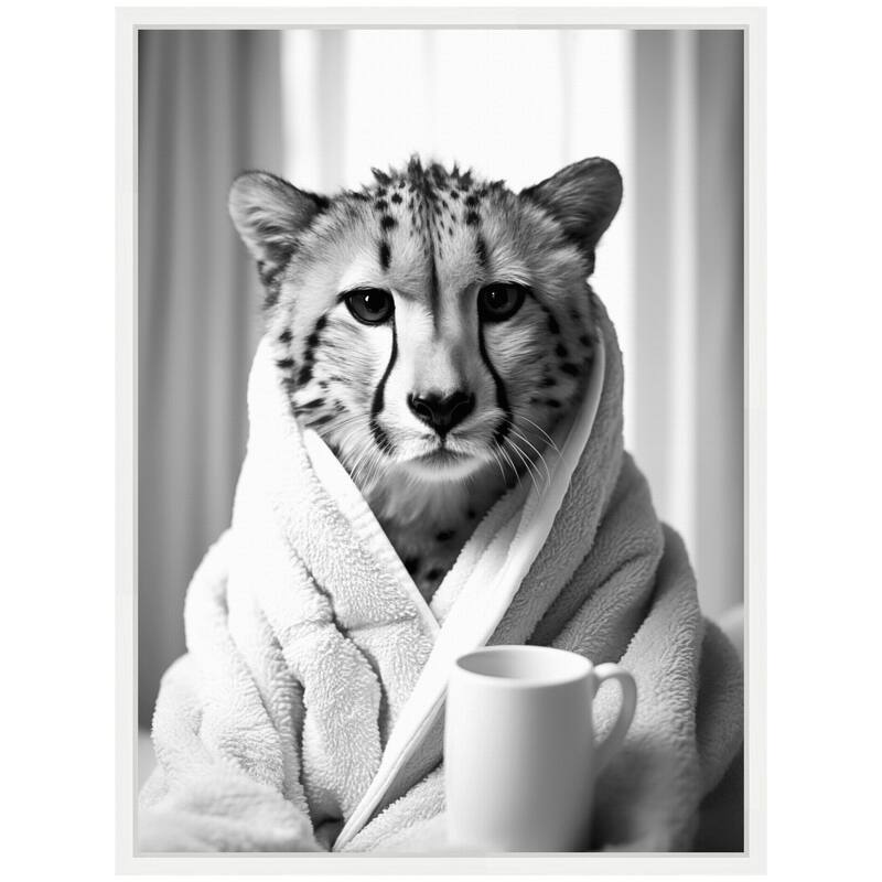 Kate and Laurel Sylvie Cheetah Bathroom Art Towel Robe Black and White Framed Canvas by The Creative Bunch Studio