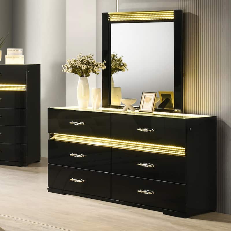 Furniture of America Saven Modern 2-Piece Black Solid Wood 6-Drawer Dresser and Mirror Set with LED Light - Black