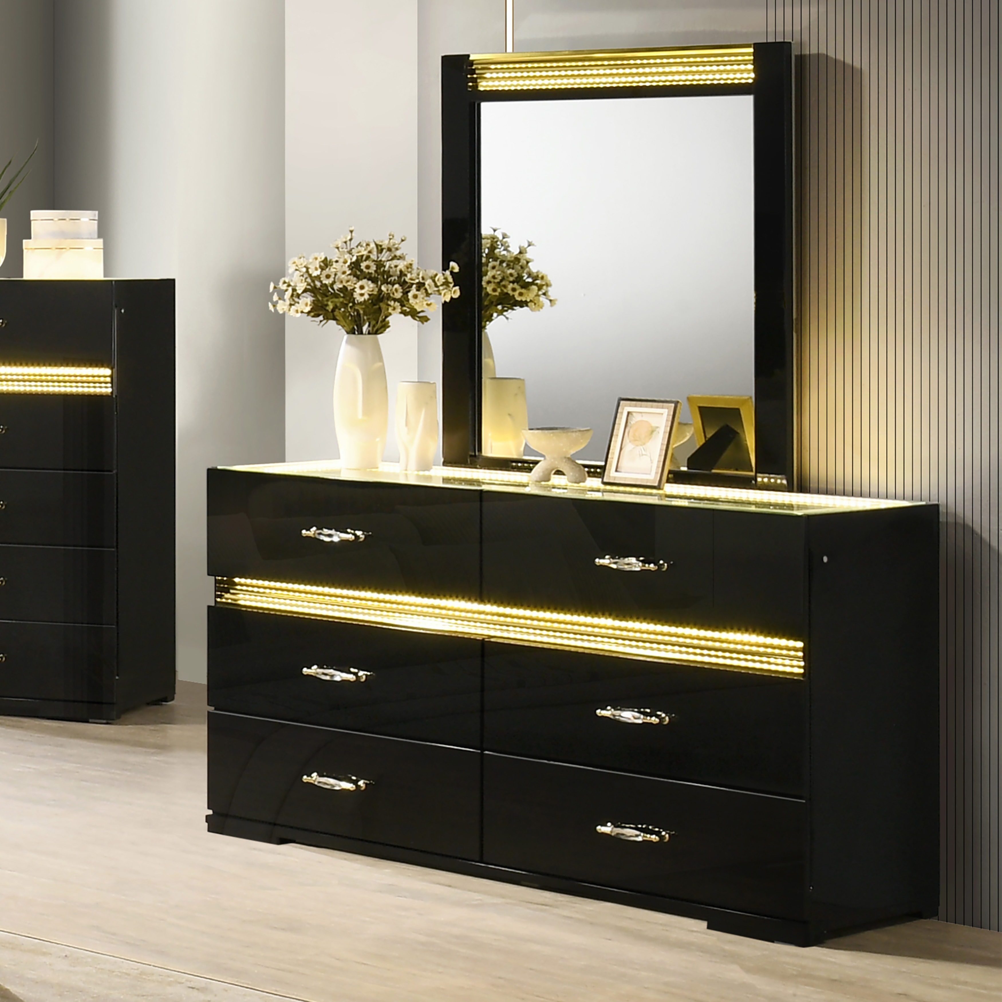 Furniture of America Saven Modern 2-Piece Black Solid Wood 6-Drawer Dresser and Mirror Set with LED Light