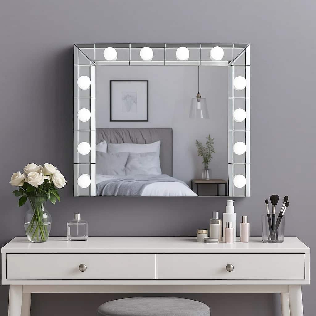32 Inch Square Lighted Wall Mirror, 12 Bulb Sockets, Mirrored Frame, Silver