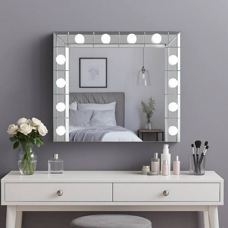 32 Inch Square Lighted Wall Mirror, 12 Bulb Sockets, Mirrored Frame, Silver