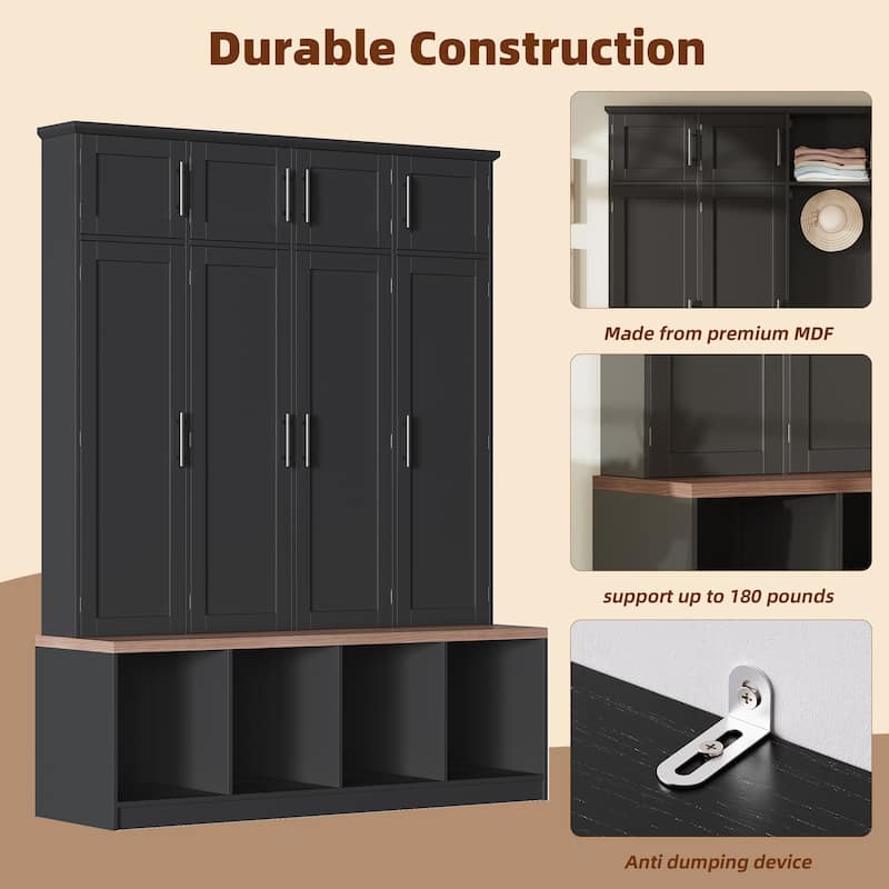 4 Hidden Hanging Hooks,Versatile Walnut Seating Bench With 8 Doors,Entryway Shoe Cabinet With Open Compartments