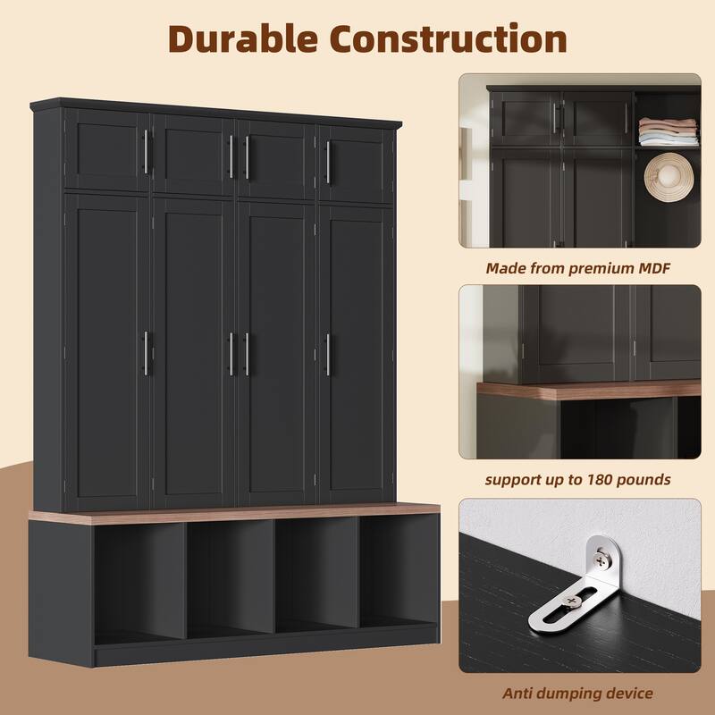 Farmhouse Hall Tree with 4 Hidden Hanging Hooks, Versatile Walnut Seating Bench with 8 Doors, Entryway Shoe Cabinet