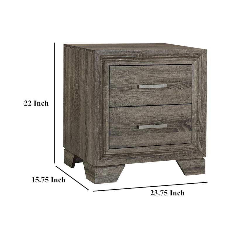Reay Nightstand, Brown Oak Finish, 2 Drawers Silver Metal Bar Handles