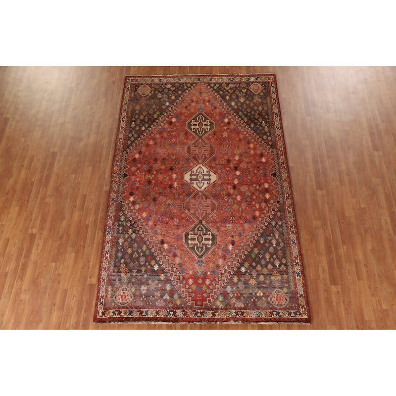 Vegetable Dye Shiraz Persian Vintage Area Rug Hand-Knotted Wool Carpet - 6'0"x 9'11"