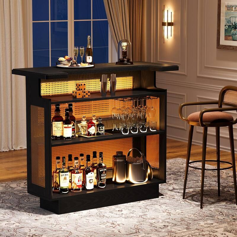 Rattan Home Bar Unit, Farmhouse 4-Tier Bar Table with 4 Stemware Racks