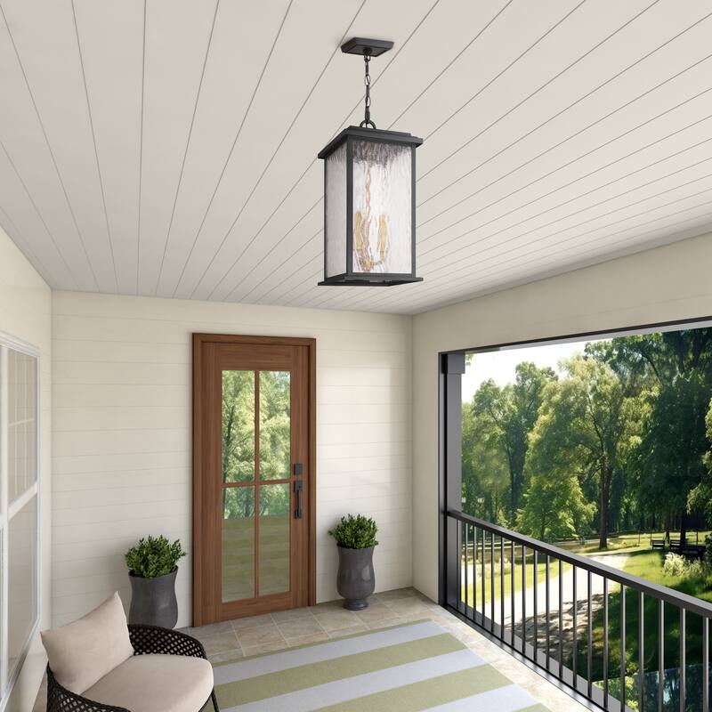 Artcraft Estate 3-Light Outdoor Pendant - Black with Brass Accent - Rain Glassware Shade