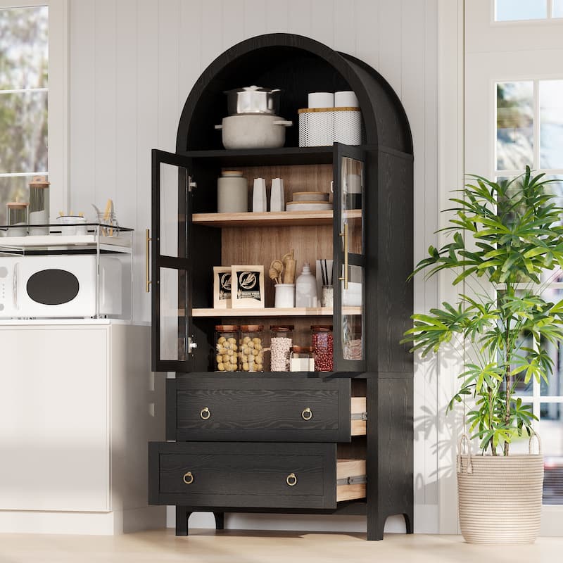 71" Tall Arched Kitchen Pantry Cabinet - 2 Large Drawers, Glass Door, Adjustable Shelves