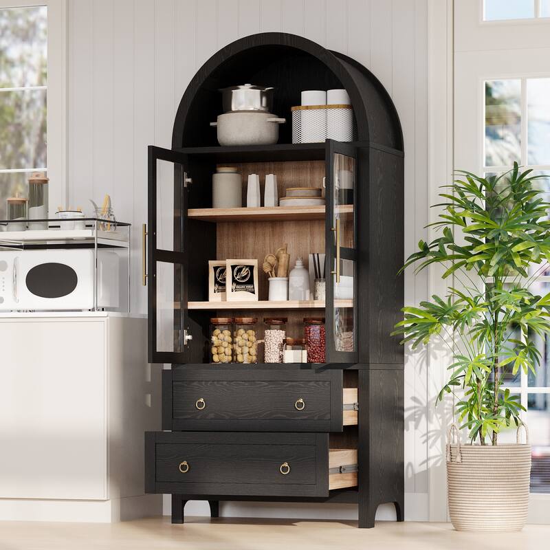71"Tall Arched Kitchen Pantry Cabinet with 2 Large Drawers, Kitchen Storage Cabinets with Adjustable Shelves, Glass Door