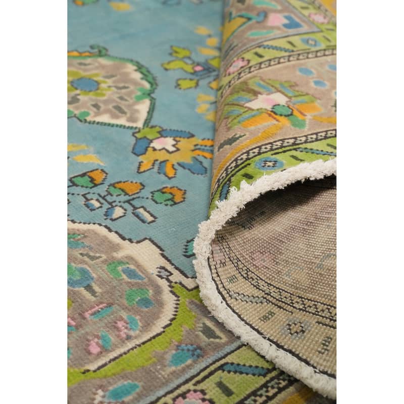 Hand Knotted Oriental 100% Wool Carpet Traditional Floral Navy Blue & Blues Tabriz Area Rug - 9' 8'' X 6' 6''