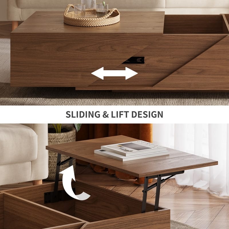 47" Modern Mid-Century Lift Top Trunk Coffee Table with Divided Storage, Dual-Zone Design for Living Room