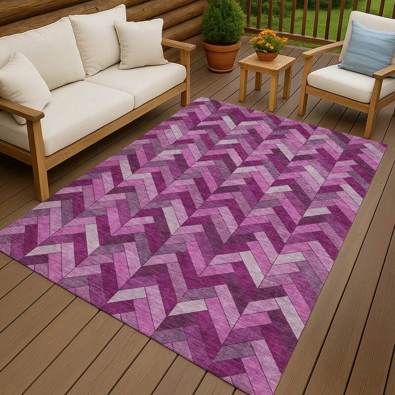Machine Washable Indoor/ Outdoor Modern Chevron Chantille Rug