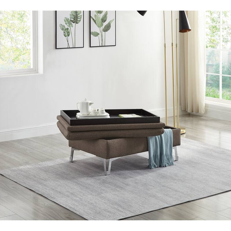 Casual Style Storage Ottoman 1pc Chocolate Color Fabric Upholstered Metal Legs Living Room Furniture