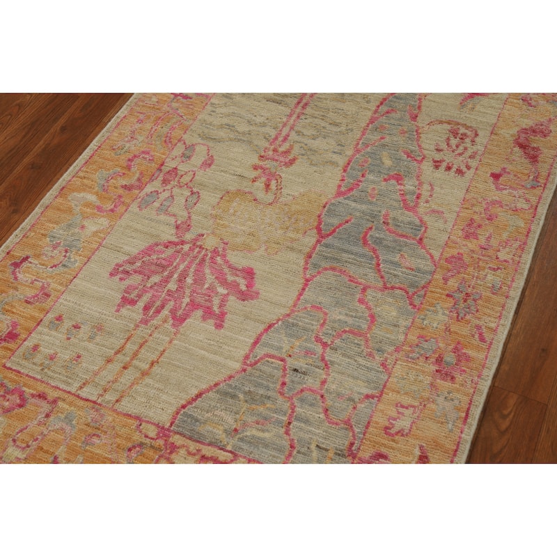 Animals Pictorial Art Deco Turkish Runner Rug Handmade Wool Carpet - 2'10" x 13'0"
