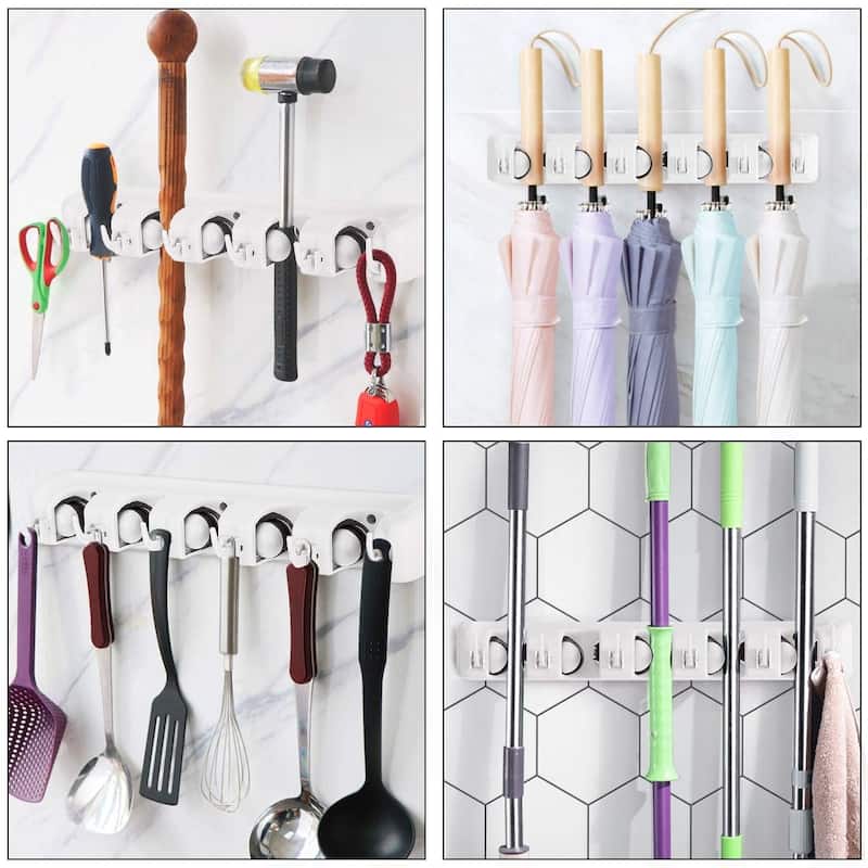 Wall Mounted Broom Mop Holder with 5 Slots and 6 Hooks ABS Organizer for Garage Kitchen Laundry