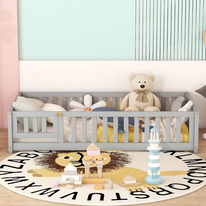 Twin Size Floor Bed with Door & Fence, Wooden Montessori Bed for Kids - Gray - Twin