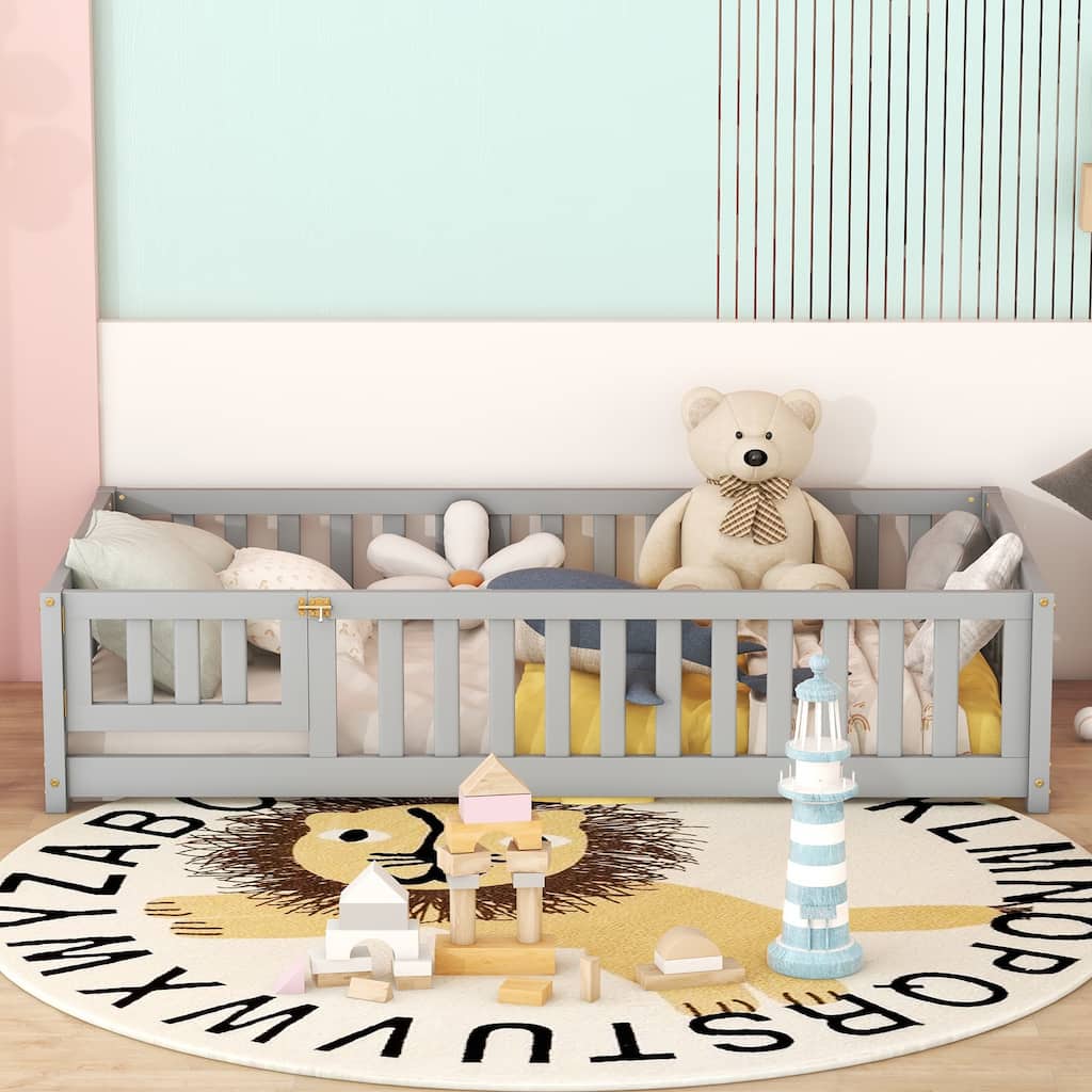 Twin Size Floor Bed with Door & Fence, Wooden Montessori Bed for Kids