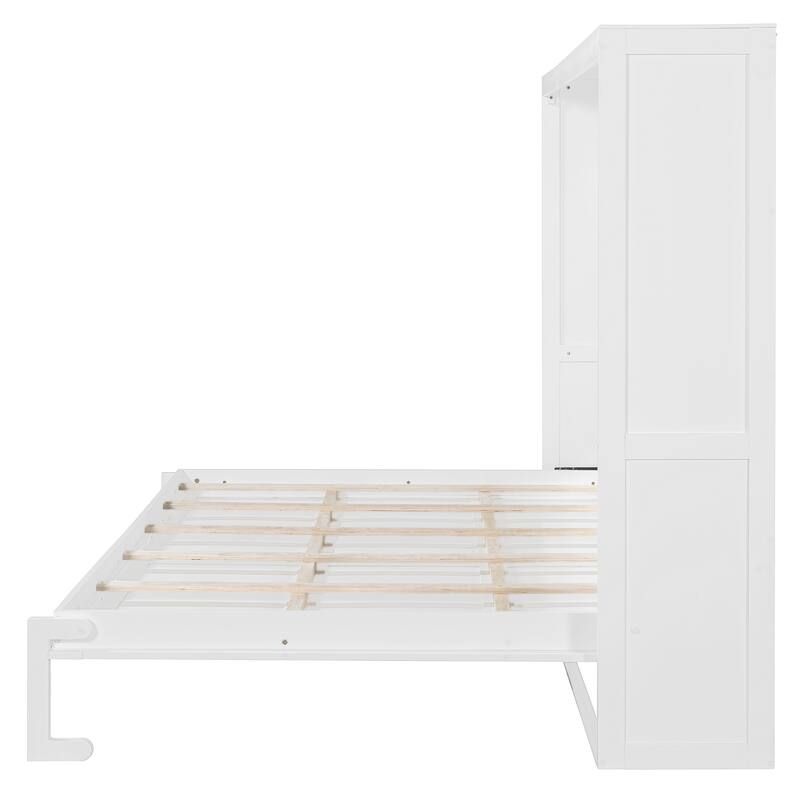 White Queen Murphy Bed with LED Lighting, Modern Wall Bed, No Box Spring Needed