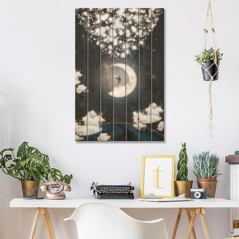 The Big Journey Of The Man On The Moon Print On Wood by Paula Belle Flores - Multi-Color