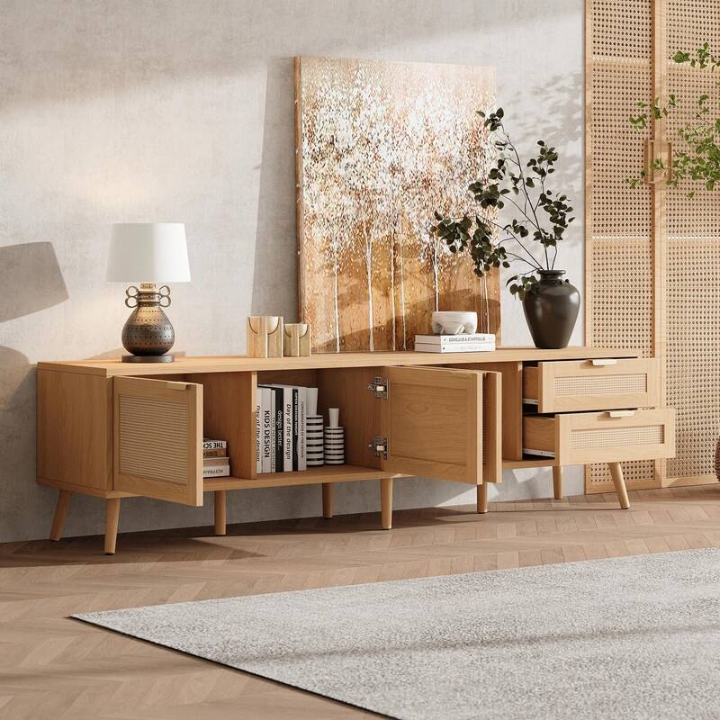 70" Modern TV Stand with Rattan Doors for TVs up to 80", Media Console with Storage, 2 Drawers & Cable Holes