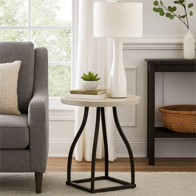 Tior Accent Table, 20 Inch Round Wood White Top, Black Metal Base