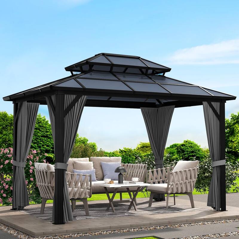 Hardtop Outdoor Double Roof Gazebo, Aluminum Frame Permanent Pavilion with Curtains and Nettin - 10X12FT - Grey