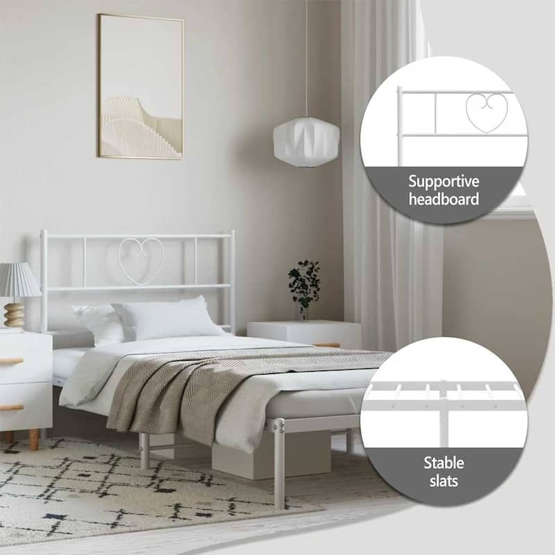 vidaXL Twin Metal Bed Frame with Headboard, White, No Mattress - 77.2" x 41.3" x 35.4"