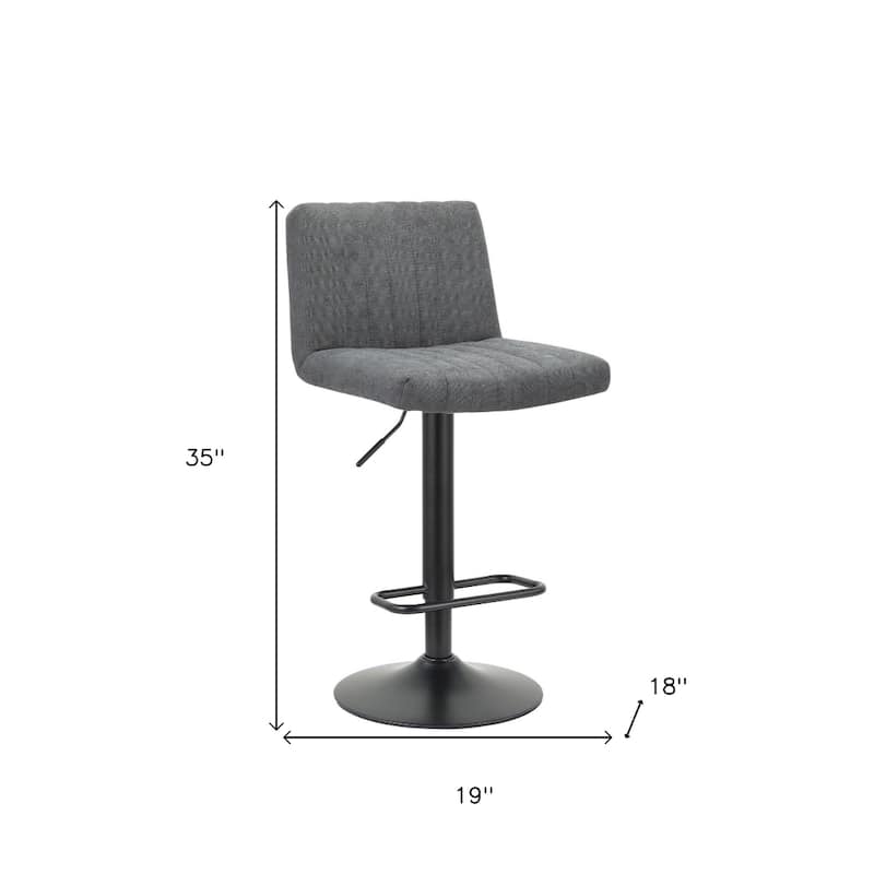 Set of 2 Modern Grey Adjustable Bar Stools with Fabric Seat and Tufted Back and Metal Pedestal Base - 35”H x 19”W x 18”D