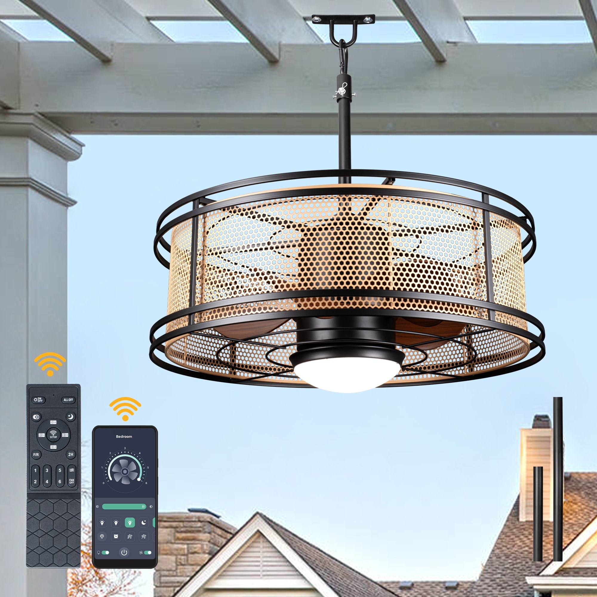 Bella Depot 23" Outdoor Waterproof Ceiling Fan with Light and Remote 6-Speed Reversible Rustic Rattan Ceiling Fan - 23.6"
