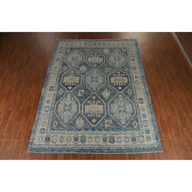 Hand Knotted Oriental 100% Wool Carpet Transitional All-Over Navy Blue & Blues Oushak Area Rug - 12' 7'' X 9' 5''