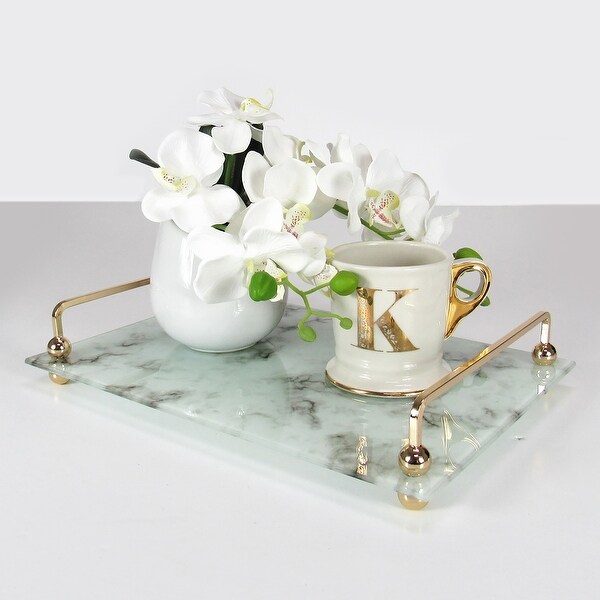 Rectangle Marble Look Glass Decorative Tray with Gold Handles. Opens flyout.
