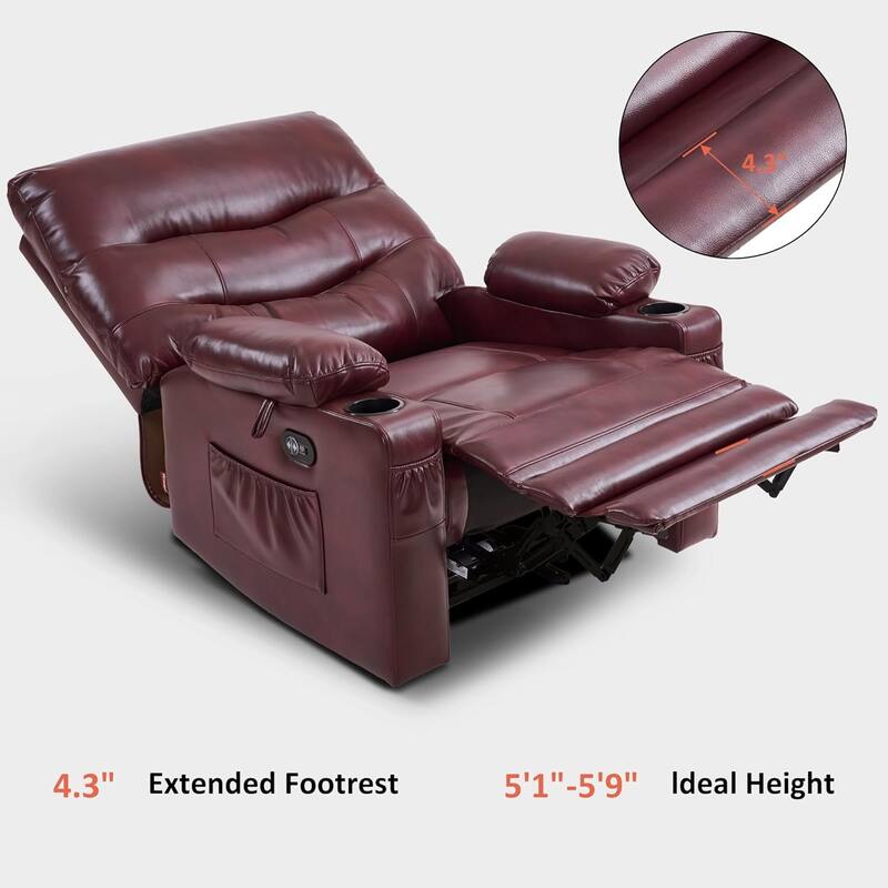 Large Power Faux Leather Recliner Chair with Heat and Massage, Cup Holder, USB Port