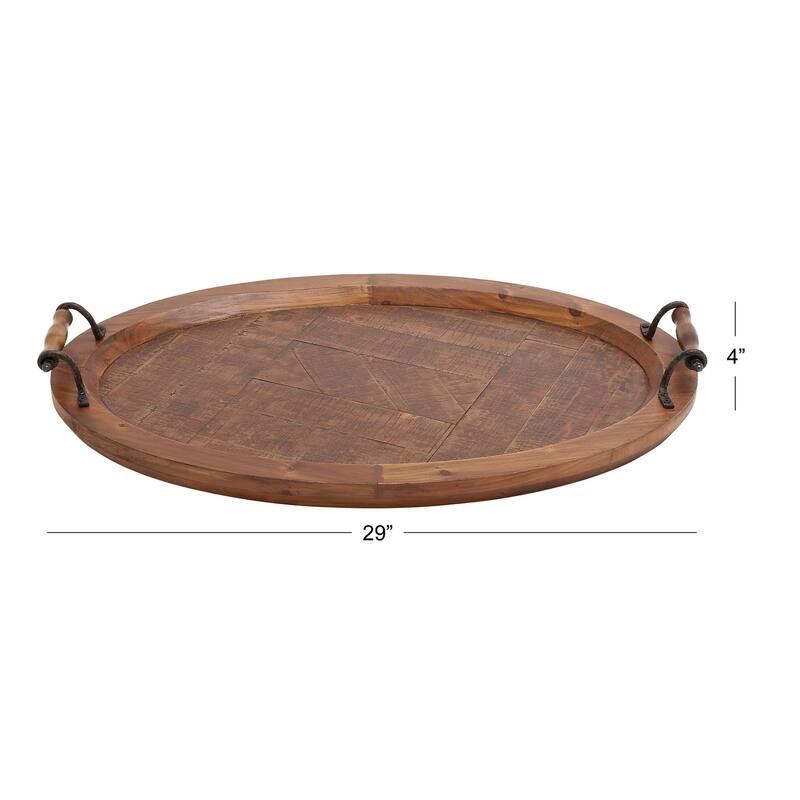 Brown Wood Large Oval Living Room Decor Tray with Scroll Metal Handles