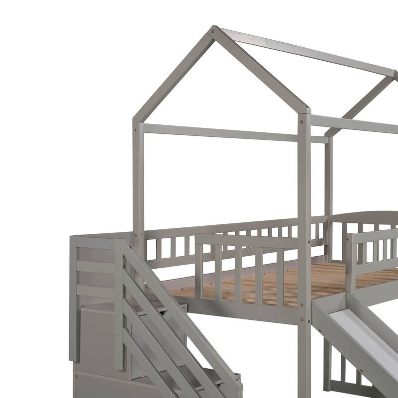 Twin Pine Loft House Bed with Storage Stairs and Slide