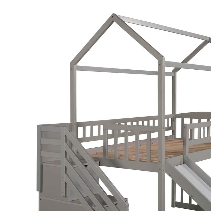 Twin Size Playhouse Loft Bed with Storage Stairs, Ladder and Slide