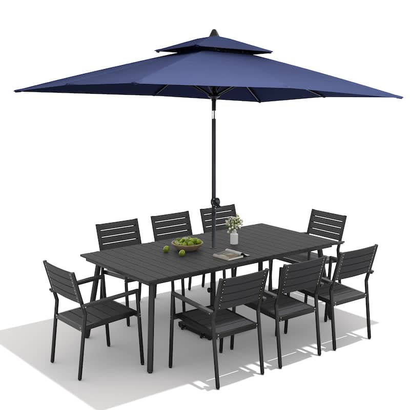 11-Piece Outdoor Dining Set 8 Stackable Chairs and Aluminum Table w/ 10 ft Umbrella and Base Stand
