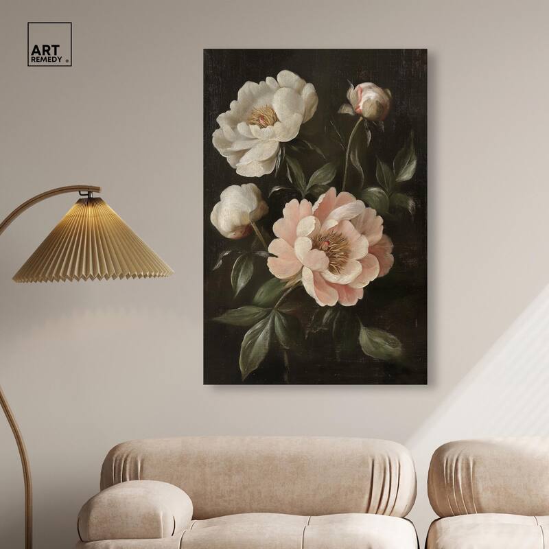 White Peonies in Dark II Canvas by Art Remedy, Gallery Wrapped