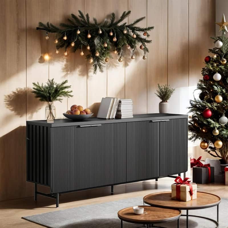 68" Mid Century Fluted TV Console Table Sideboard Cabinet with Cabinets Storage - 68inch - Black