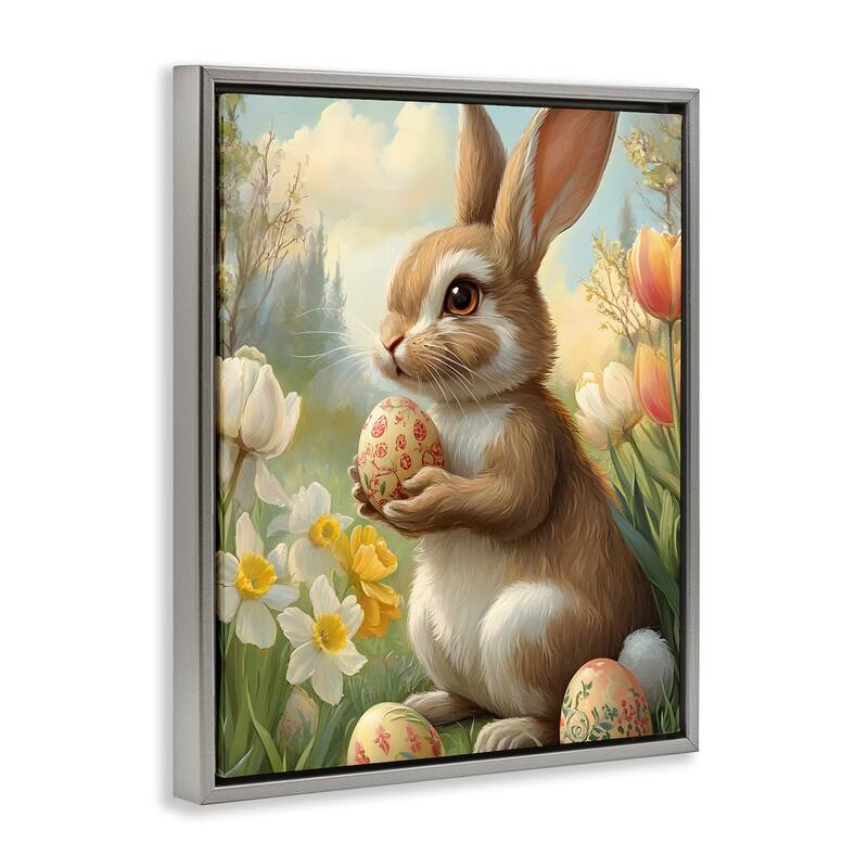 Stupell Easter Bunny with Painted Eggs Framed Floater Canvas Wall Art Design By Franklyn Gregory