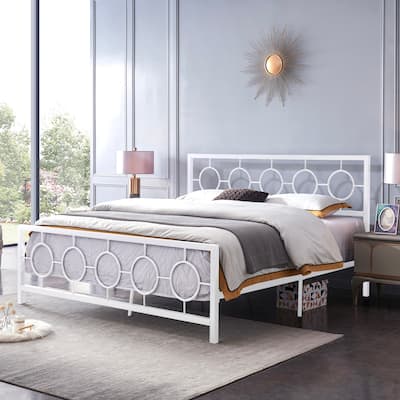 Roomfitters King Size Metal Platform Bed Frame with Headboard and Footboard, Modern Circle Design, White