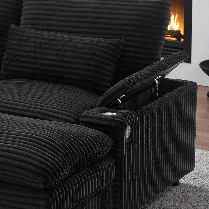 70.9" Convertible Loveseat Sofa Bed with Storage, 2 Ottomans, 4 USB Ports and Cup Holders, Corduroy Sectional for Living Room