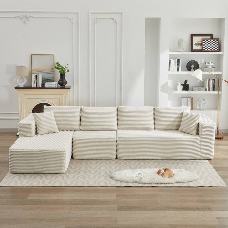 Modular Sectional Sofa with L-Shape Chaise, Oversized Corduroy Upholstered Cloud Sofa, Deep Seat Sofa with 2 Throw Pillows